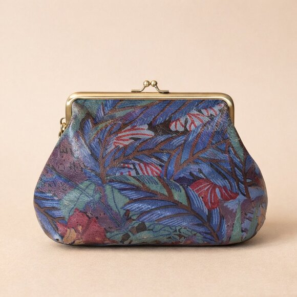 Patricia Nash Savena Leather Wristlet Clutch Blue Forest Tan Kiss Lock NWT